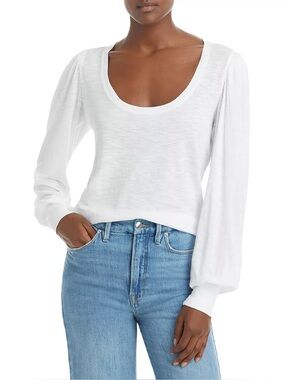 NWT PAIGE Sylvie Tee Small White Long Sleeve Scoop Neck Puff Sleeve Minimalist